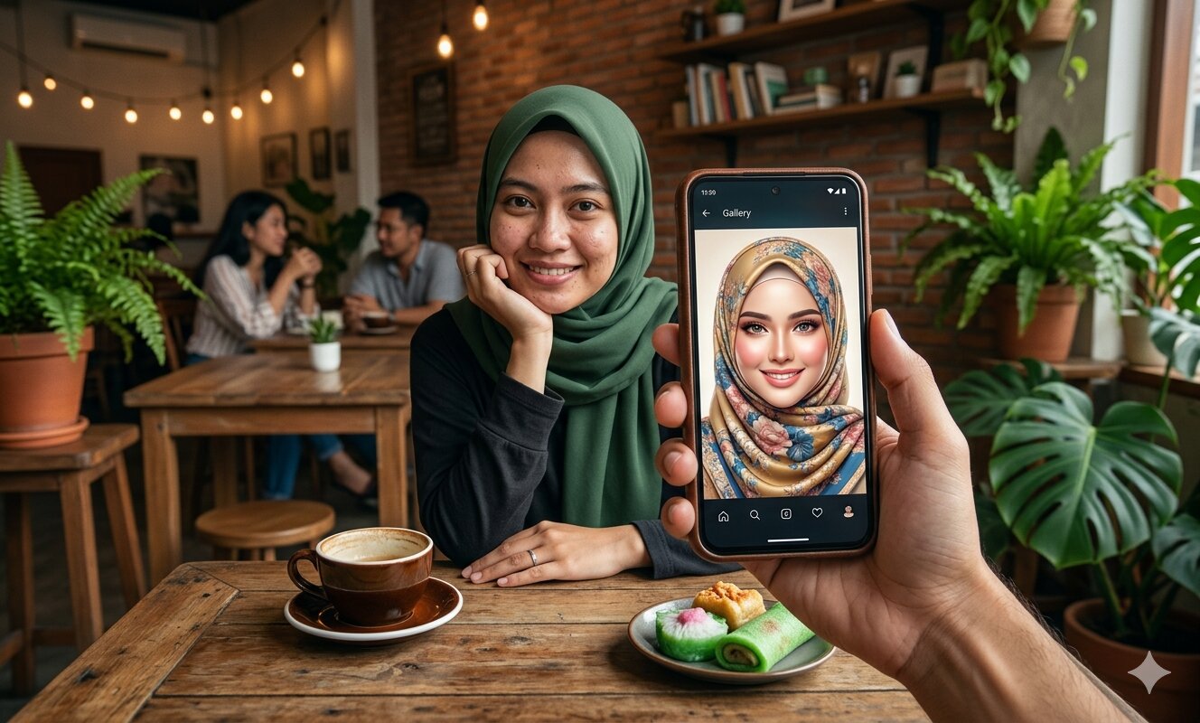 Cowok sedang membandingkan ceweknya dengan foto yang difilter